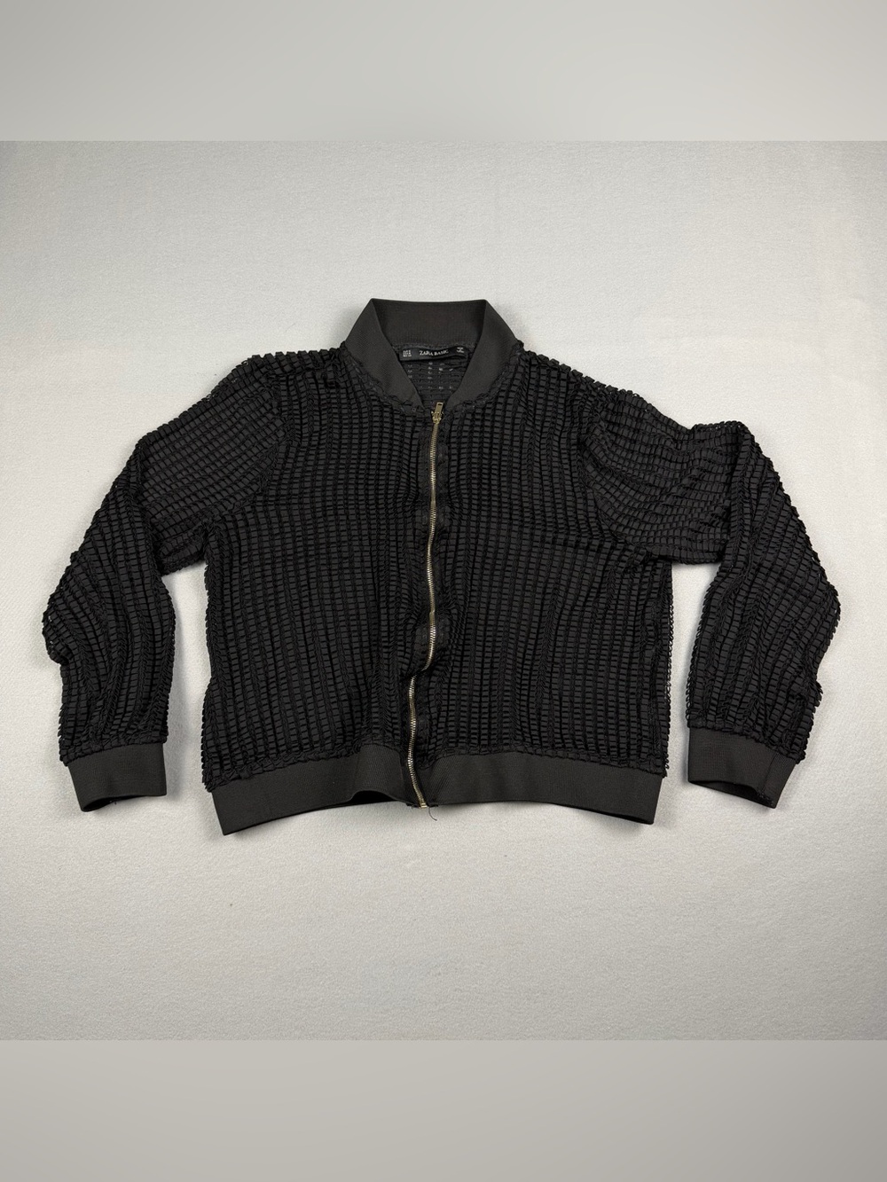 Zara Black Textured Bomber Jacket with Grid Knit